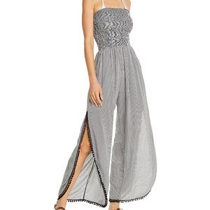 Peixoto Black & White Striped Strapless Wide-Leg Jumpsuit